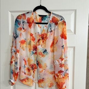 White House Black Market Vibrant Floral Blouse - Orange and Blue